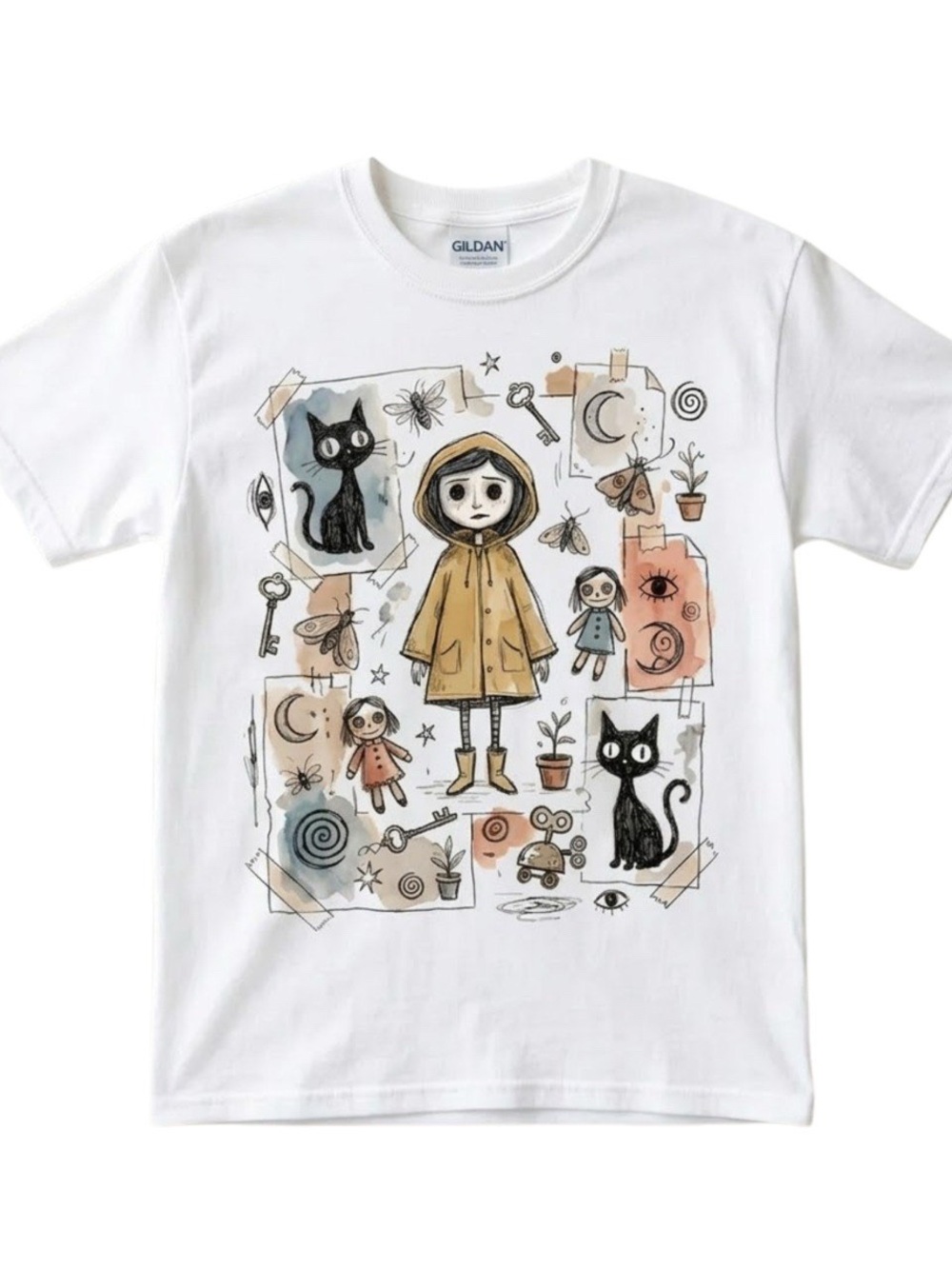Gildan White cat illustration doll cartoon character graphic T-shirt